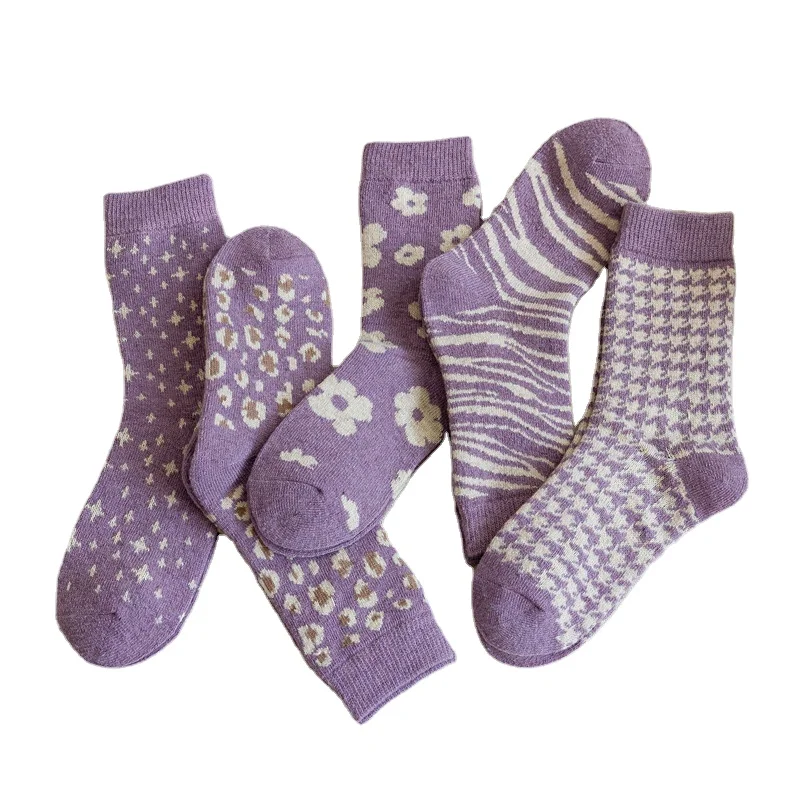 Wholesale Korea New Warm Purple Color Wool Socks Flowers Stars Knitted Thick Girls Crew Sock For Winter