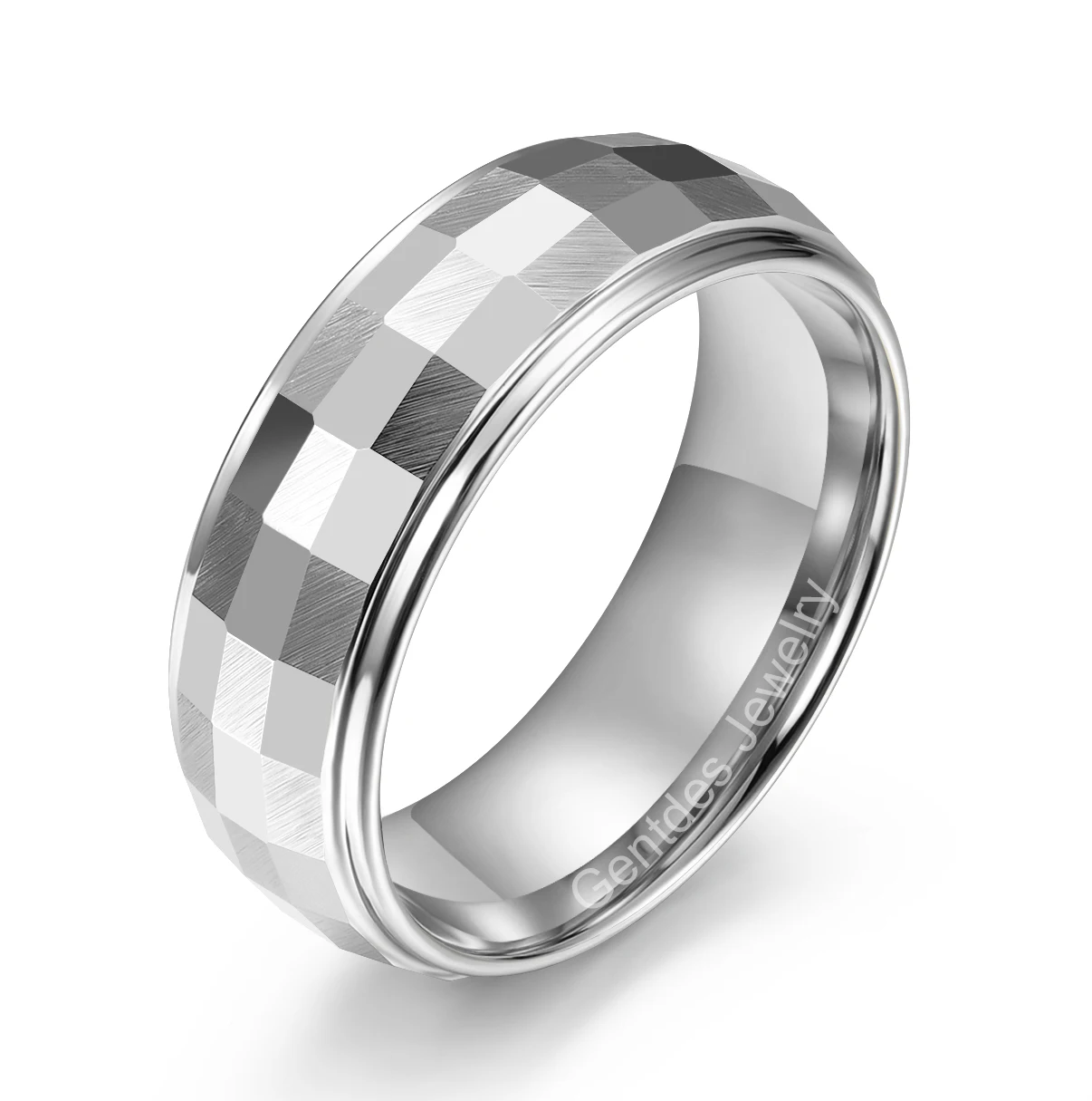 Gentdes Jewelry 8MM Men Jewelry Silver Faceted & Brush Finish Wedding Band Tungsten Carbide Steel Ring