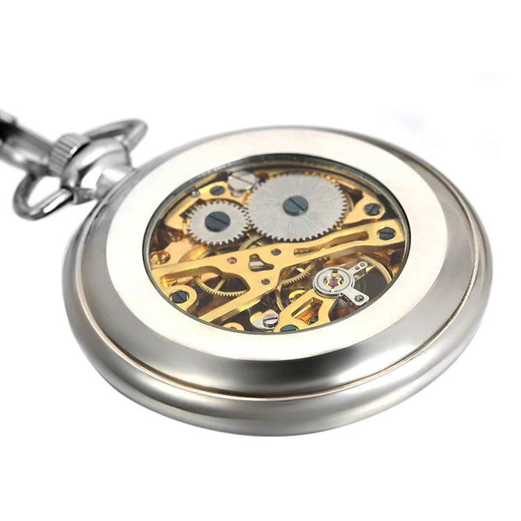 Luxury Silver Skeleton Mechanical Hand-winding Mens Pocket Watch with FOB Chain Hot Smooth Steel Women Unisex Pocket Watch
