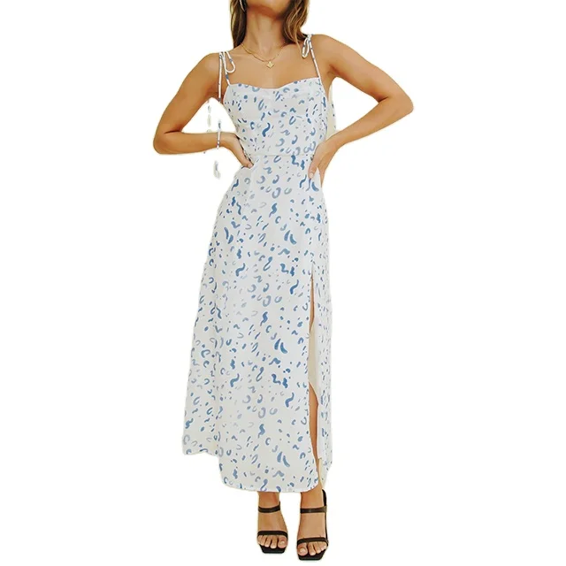 OEM Custom 2022 Midi Dress White Adjustable Tie Up Shoulder Straps Casual Print Floral Women Split Dresses