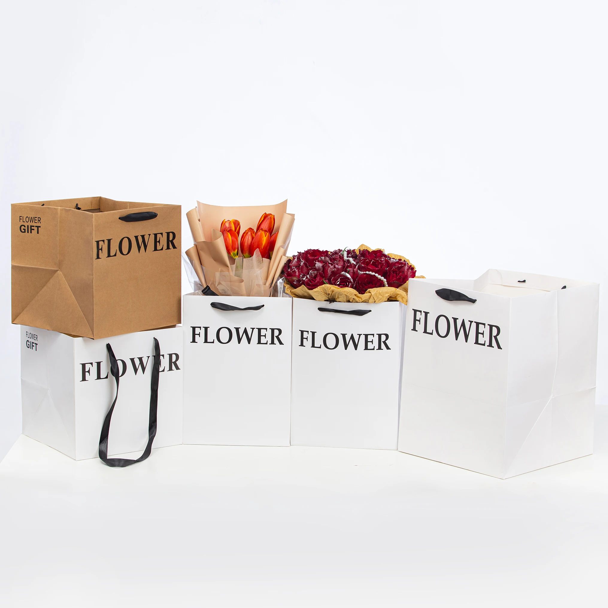 Custom Wholesale Wrapping Flower Paper Bag Design Flower Bouquet Gift Box Black White Recycled Kraft Paper Bag