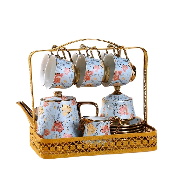 Europeanstyle tea cup set luxury Ceramic Coffee cups Tea pots Set 17Piece Gold Plated Wedding Gift