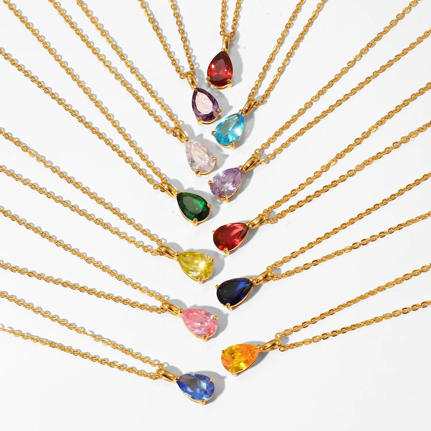 New Design 18K Gold Plated The Twelve Months Birthday Zircon Stainless Steel Drop Shaped Pendant Necklace