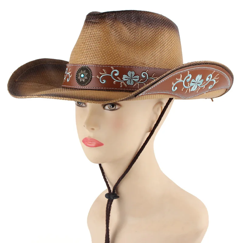 Wide Brim Embroidery Western Cowboy Hat Straw Men Women Summer Outdoors PU Leather Panama Paper Hats For Adults