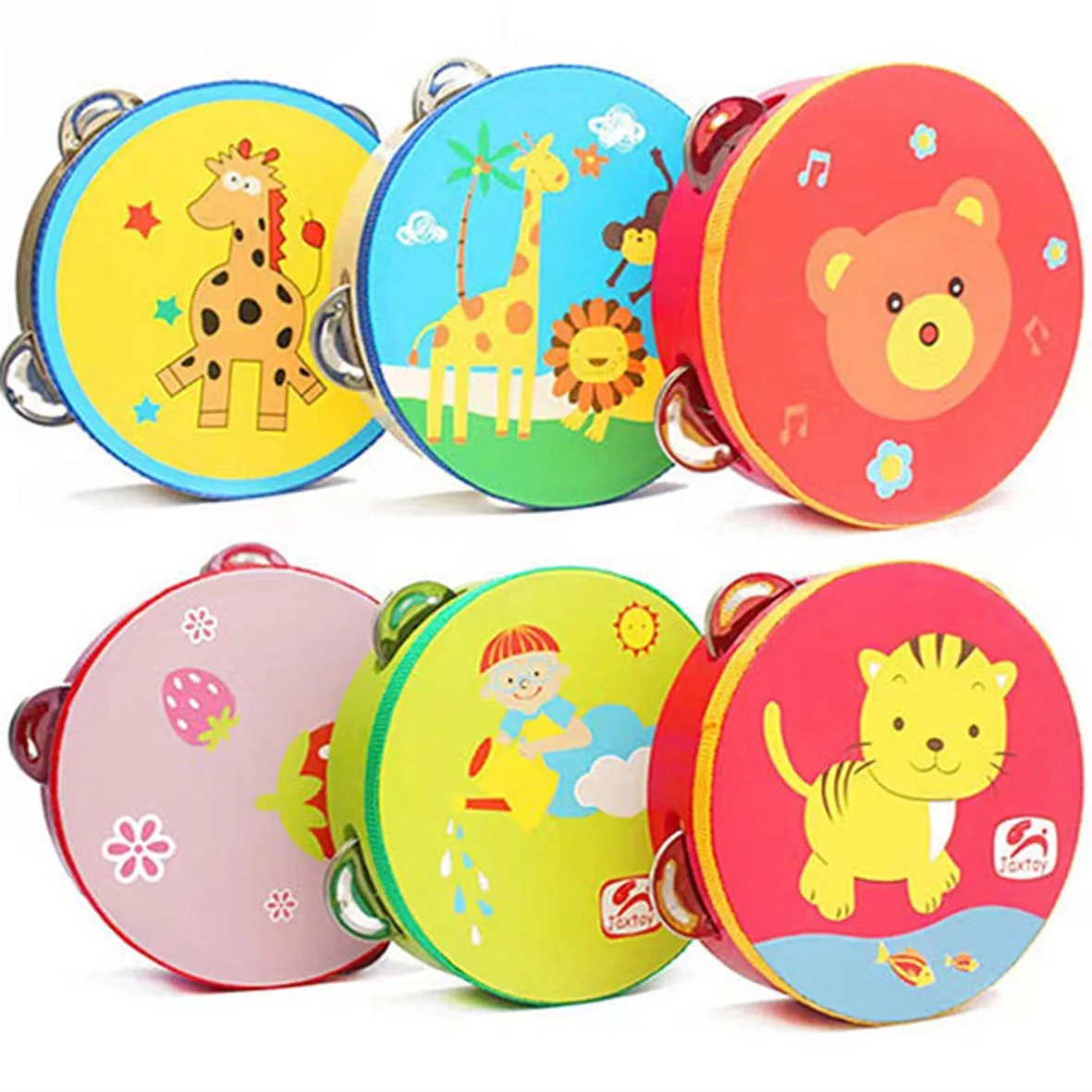 Jinming Kids Musical Instruments Cartoon Animals Print Wooden Drum Early Education Handheld Tambourine Drum Toy