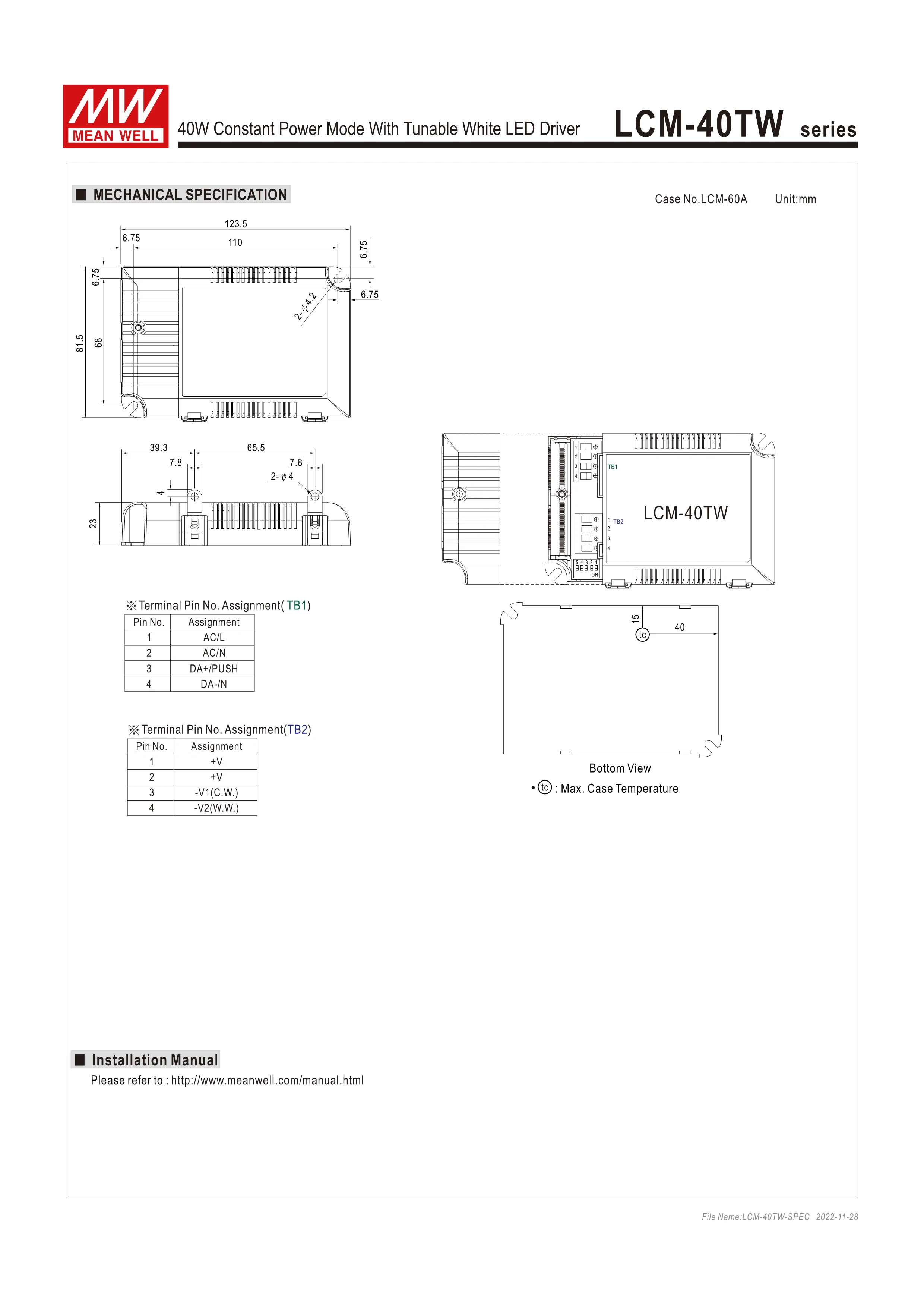 Meanwell dali driver 40W DALI-2 Tunable White DT8 Constant Power Mode With Tunable White LED Driver LCM-40TW series Mean well