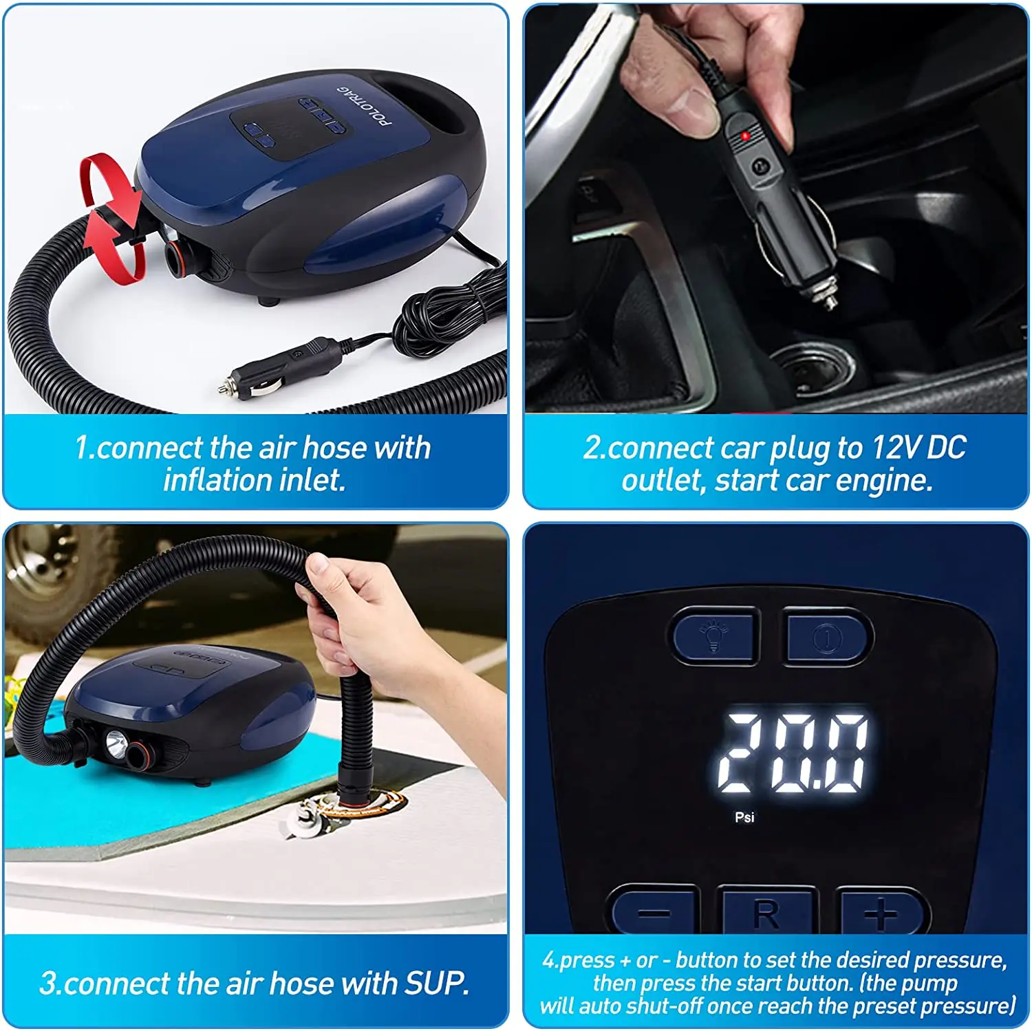 Pressure Max 20PSI Polotrag Car Power Wired Digital 12V DC Electric Sup Air Pump Inflator Surfboard Stand Up Paddle Board Pump