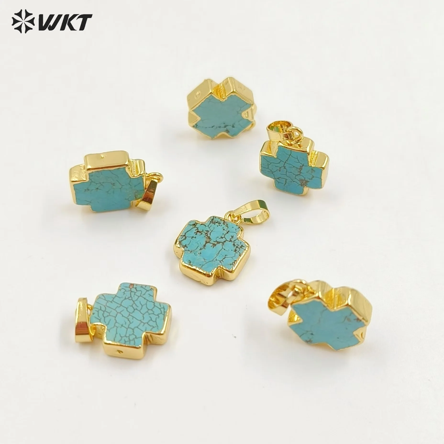 WT-P952 Vintage 18K Real Gold Plated Natural Turquoise Made Cross Pendant Bohemian Green Stone Jewelry Charms For Necklace
