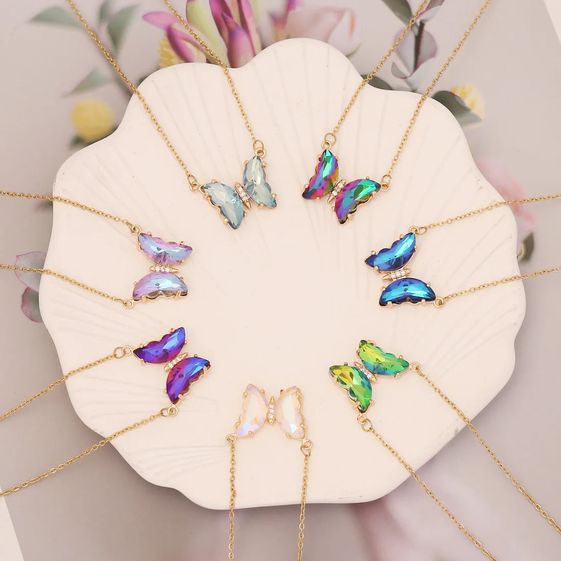 cross-border jewelry multi-color gradient butterfly necklace fashion temperament clavicle chain zircon stainless steel necklace