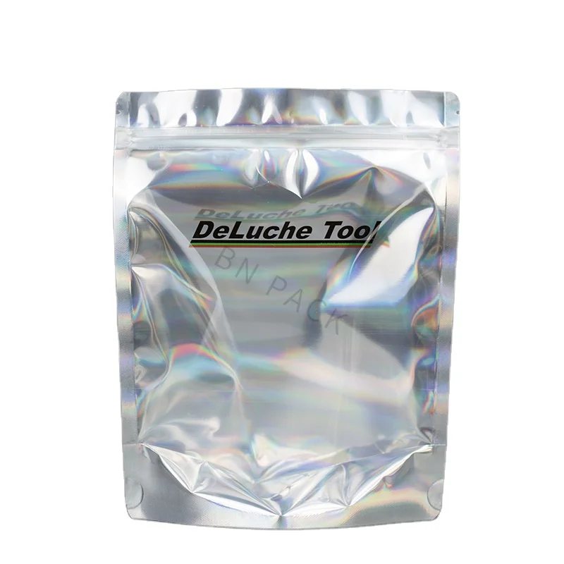 Customized Hologram Mylar Bags Zipper Plastic Jewelry Makeup Packaging Transparent Holographic stand up Bags