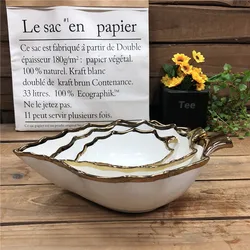 factory custom design leaf shape ceramic bowls with electroplate gold rim decoration for sale