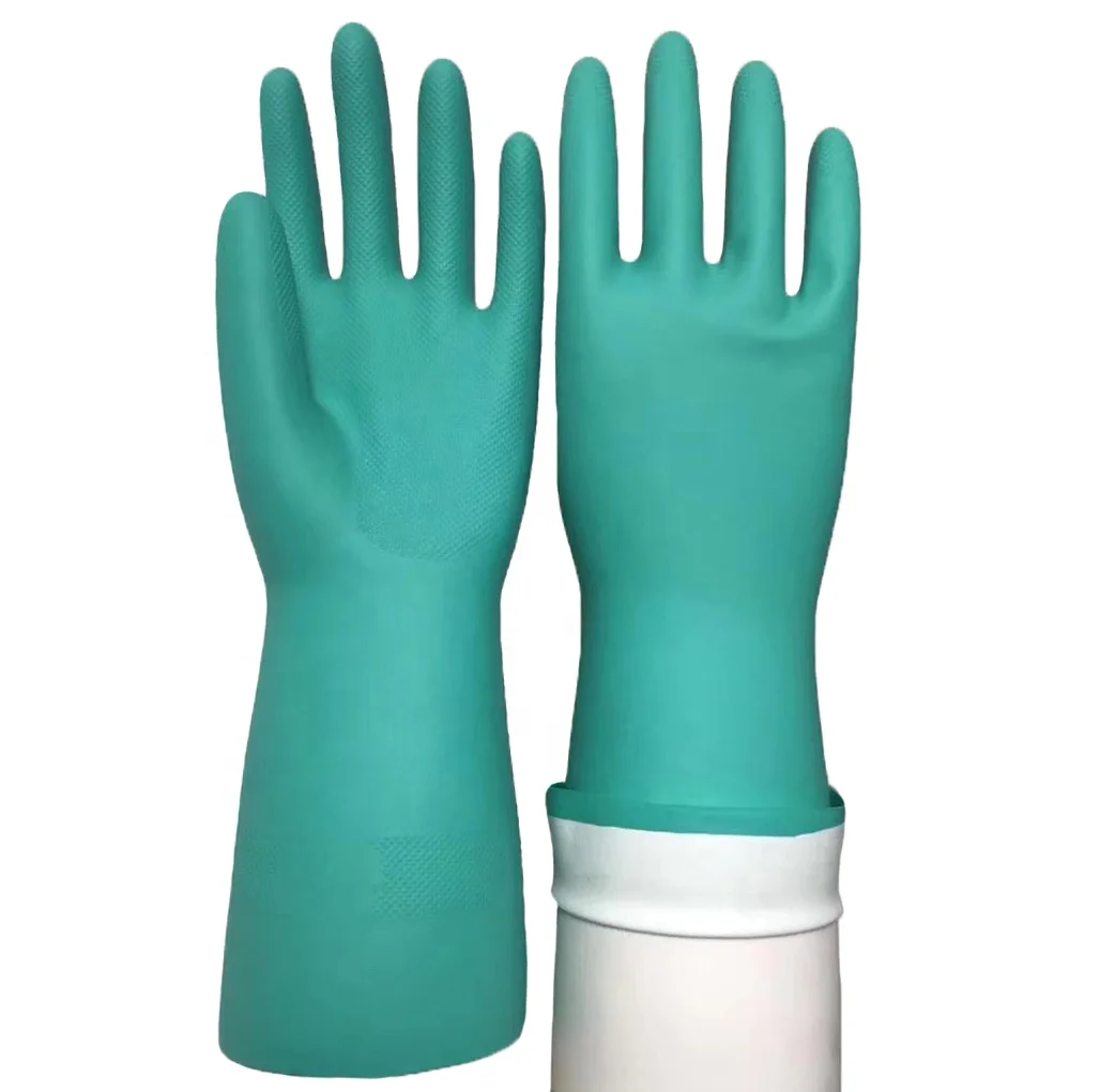 Long Cuff Green Flock Lined Manufacturer Safety Guantes Anti-Chemical Industrial Nitrile Gloves