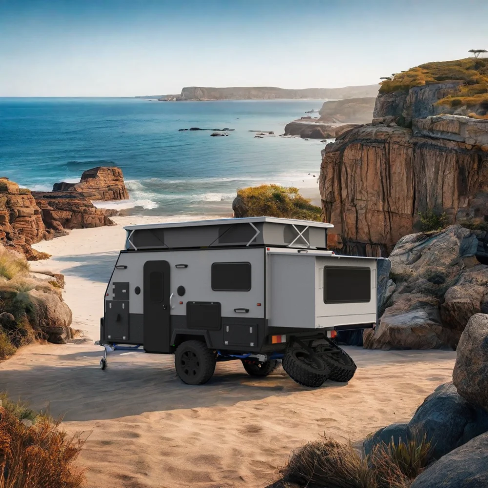 2024 New 12ft Offroad Caravan 4x4 Aluminum Camper Trailer with Slide-out Kitchen and Tent for Camping