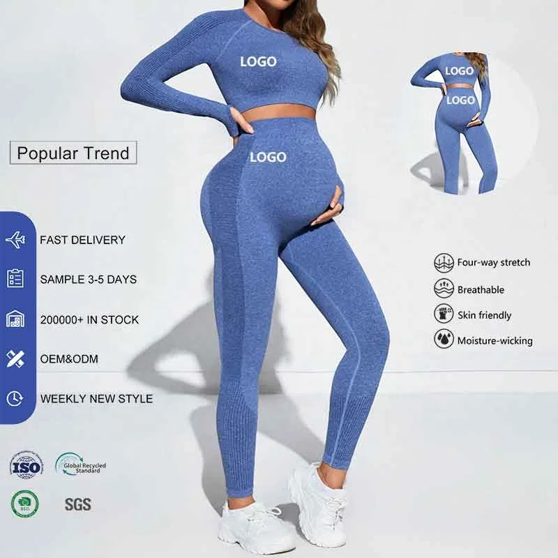 Seamless Knitted Pregnant Women Long Sleeve Yoga Set Europe America Sexy Abdominal Support Peach Hip Tight Maternity Sports Set