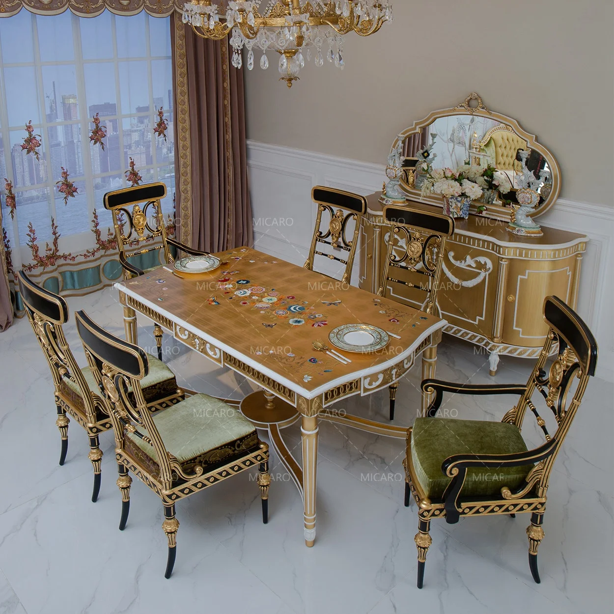 Royal Italian classic antique design wooden gold dining room table and 6 chairs