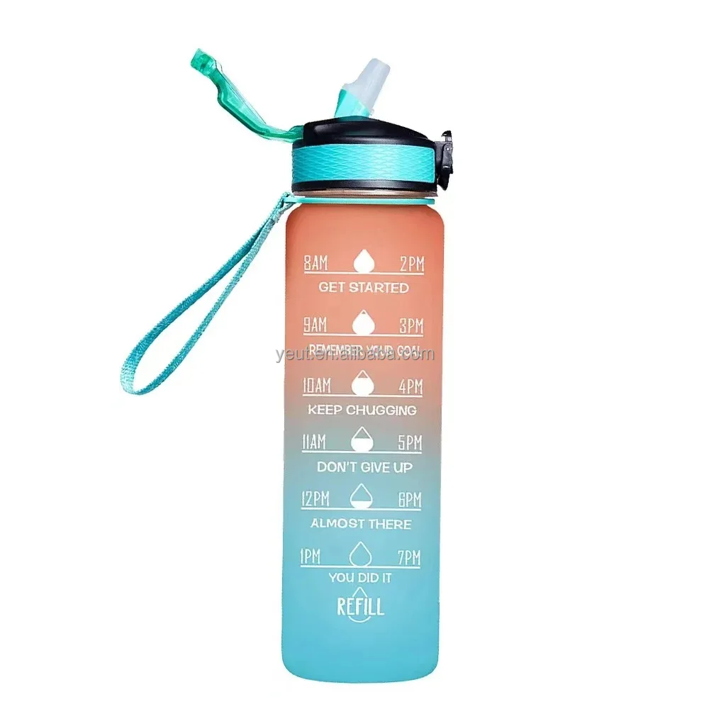 2024 Gym And Outdoor Camping Time Marker 1000ml Gallon Sports Motivational Water Bottle Frosted Plastic Water Bottle BPA Free