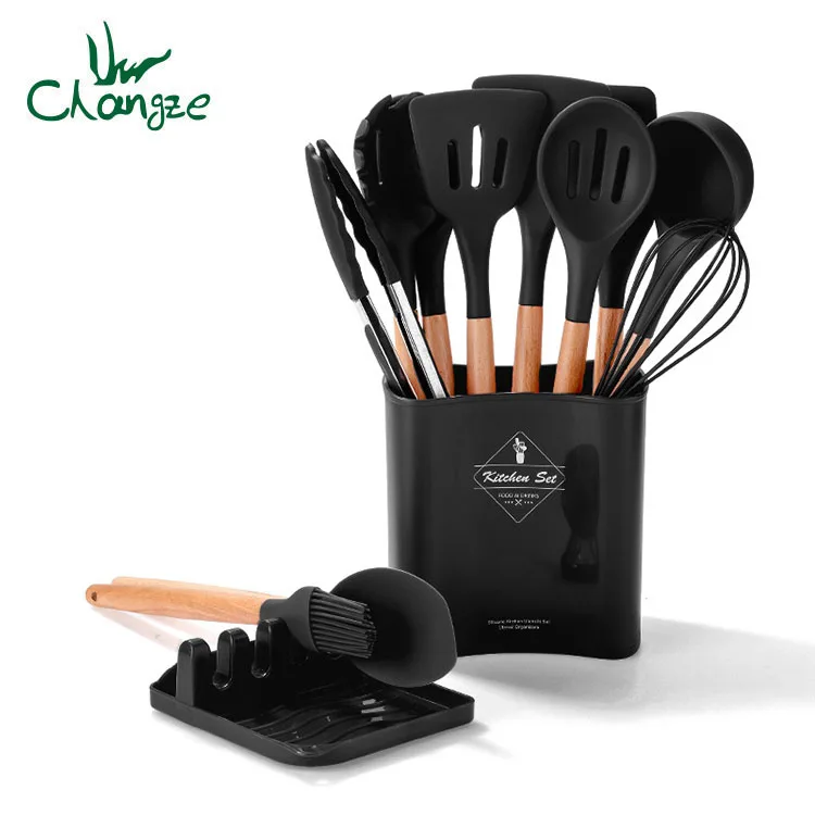 wholesale accessories heavy duty Non-Stick Heat Resistant silicone kitchen utensils set with holder