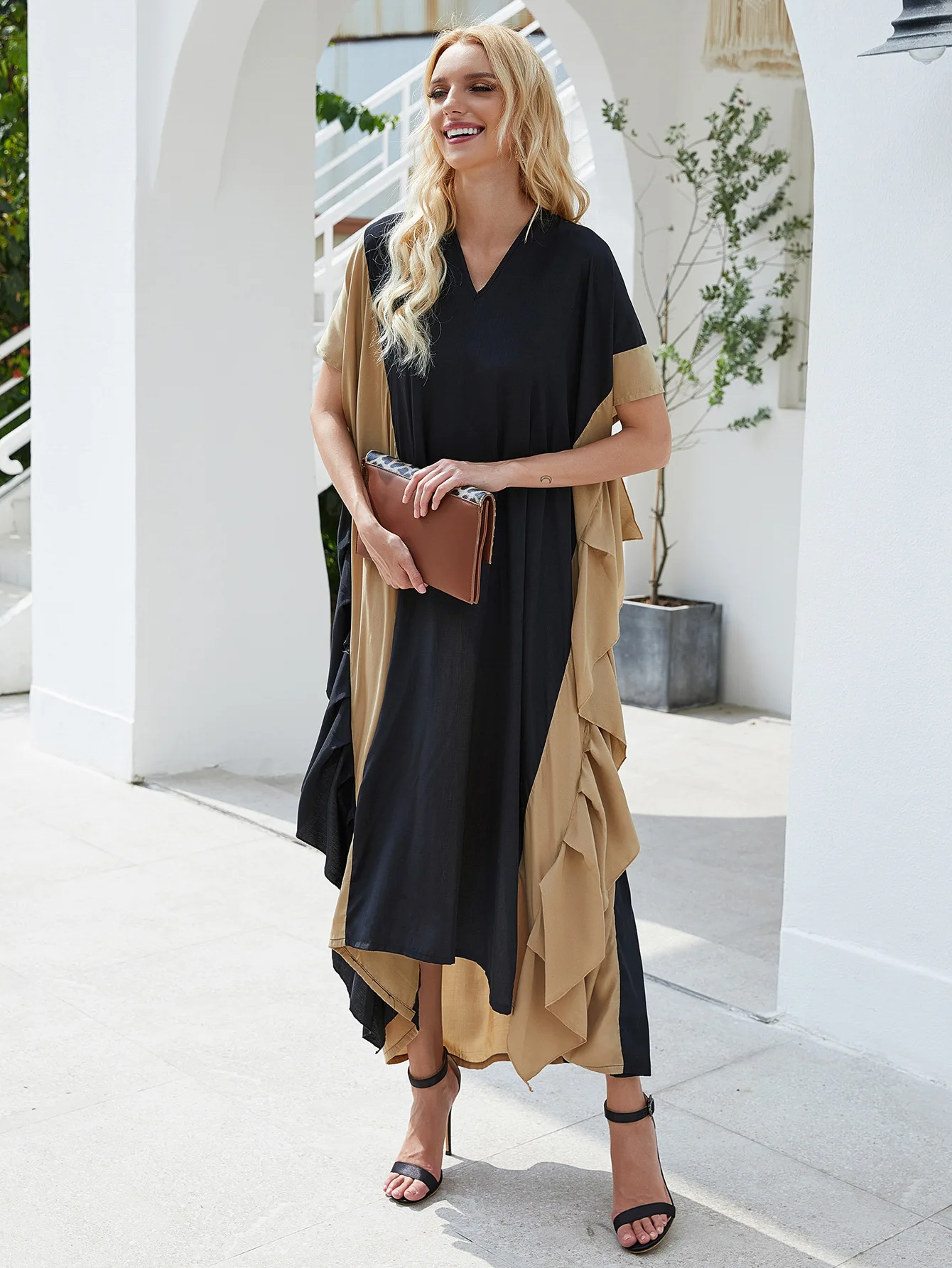 Trendy Contrast V Neck Dress For Muslim Girl Casual One Size Ruffle Sleeve Splice Color Long Dress Abaya Arab Ethnic Clothing