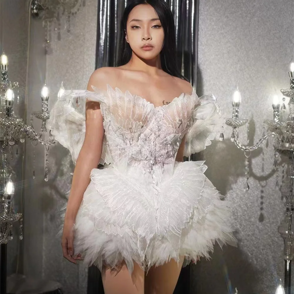 Elegant Slash Neck White Wing Ruffles Bridesmaid Wedding Guest Dress Women Evening Gown Birthday Party Dress Mini Prom Dress