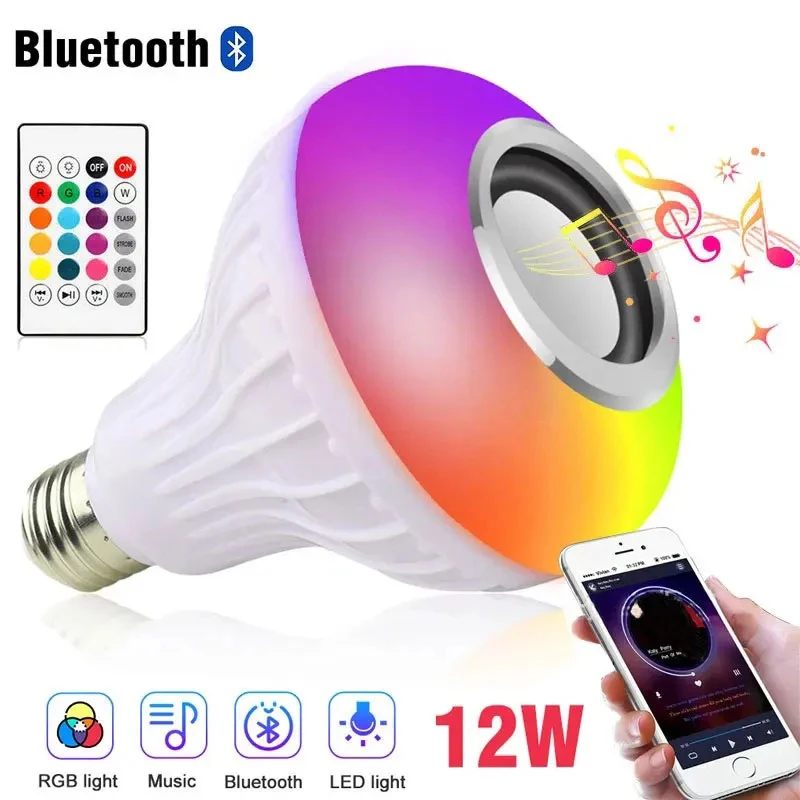 12 Вт RGB E27 музыкальная меняющая цвет лампочка Bluetooth динамик многоцветная декоративная с пультом дистанционного управления для вечеринки дома