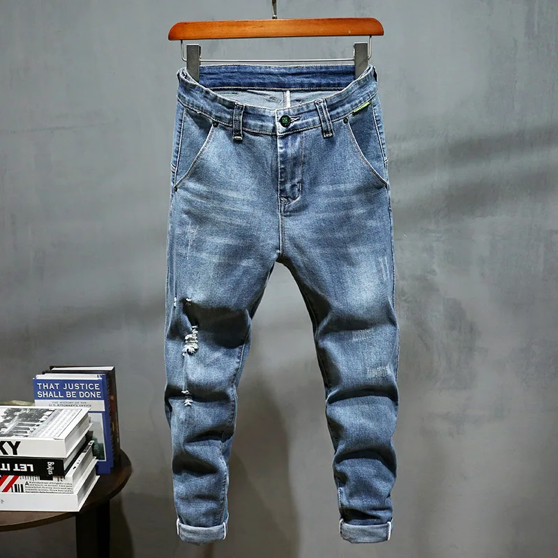 Biker Denim Jeans Fashion Men Ripped Knee Cut Men Casual Cotton OEM Pockets  Style Fly Fabric Color Plus Size