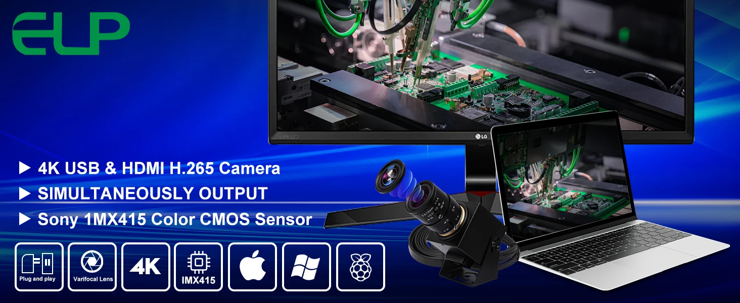ELP 4K HDMI Camera IMX415 H.265 USB HDMI Simultaneous Output USB Webcam With 2.8-12mm Manual Optical Zoom Lens for Microscope