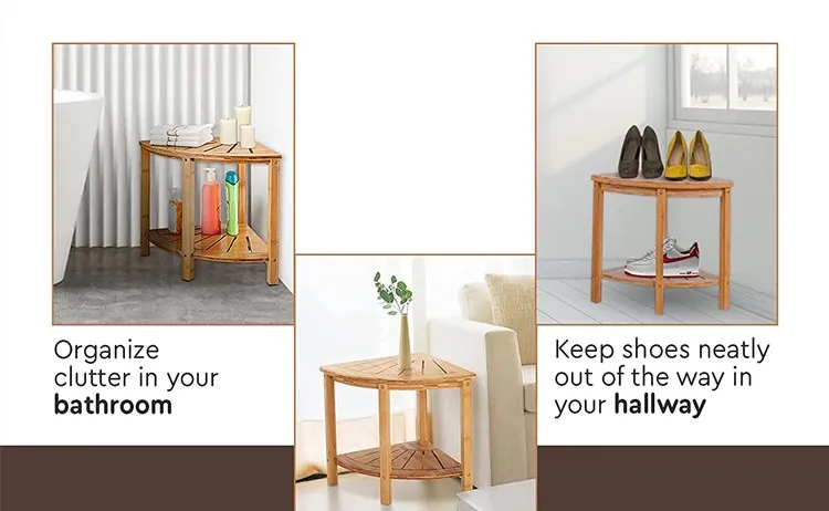 Bathroom Bamboo Corner Bath Bench Shaving Stool Non-Slip Multi-Purpose Wood 2-Tier Shower Chair Seat With Organizer Shelf