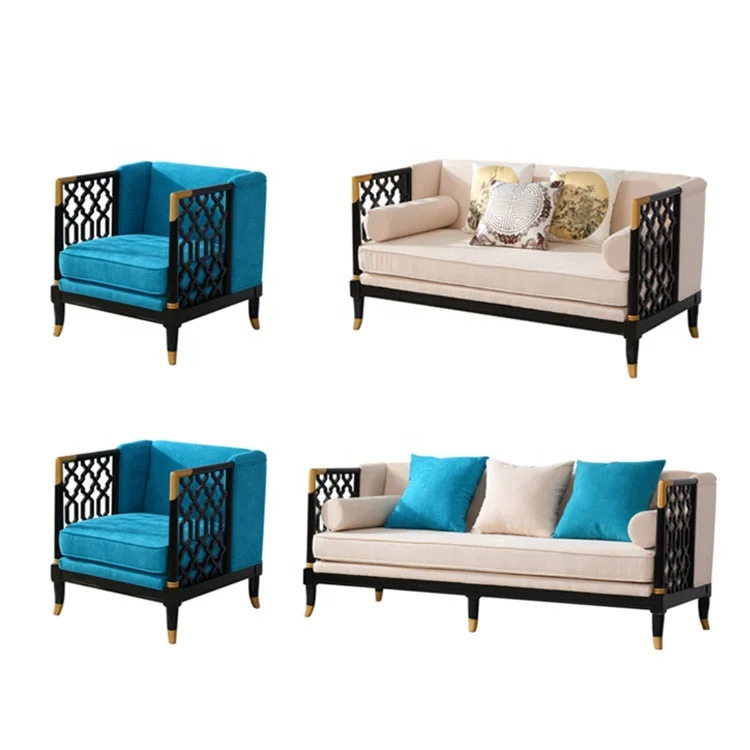 Chinese royal sofa sets wood curved waiting room 3 seater creamy velvet furniture sofa