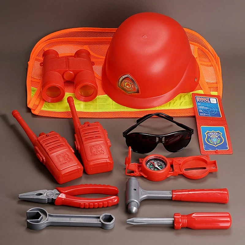 SL 4pcs Kids Firefighter Pretend Play Fireman Rescue Tools Educational Rrole Play Plastic Toy With Accessories