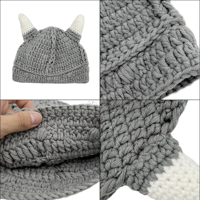 Fashion Child/Kid Baby Winter Handmade Crochet Hat,Viking Horns Knitted Hat For Parent-Child Baby Gray