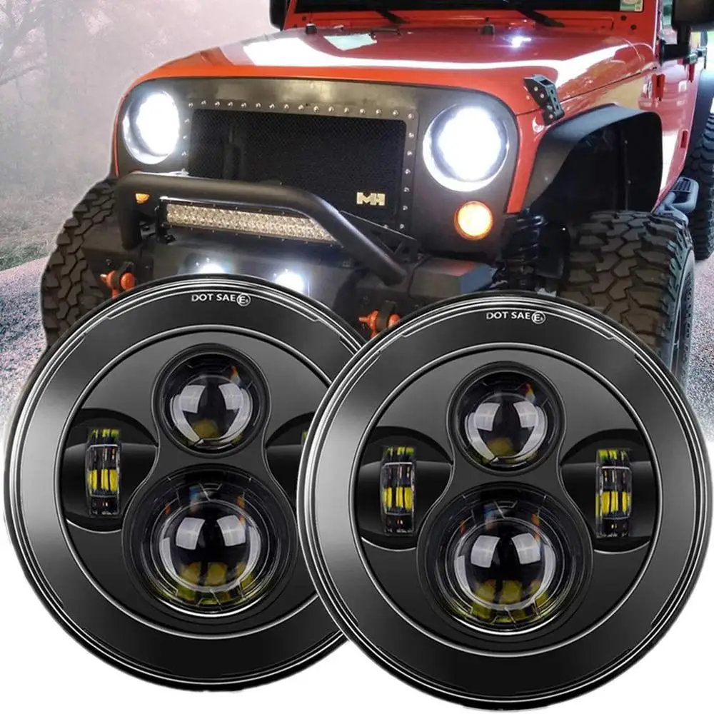 1 Pair Halo Headlight Angel Eye Ring DRL Light High Low Beam 7 inch Round LED Headlights for Jeep Wrangler JK LJ CJ Hummer H1 H2