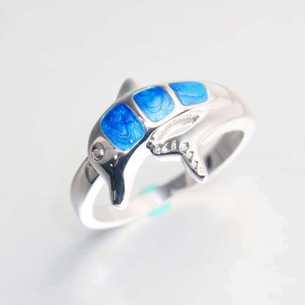 Wholesale Price Blue Enamel SeaLife Jewelry Small Quantity Stock Dolphin Jewelry Rings For Women