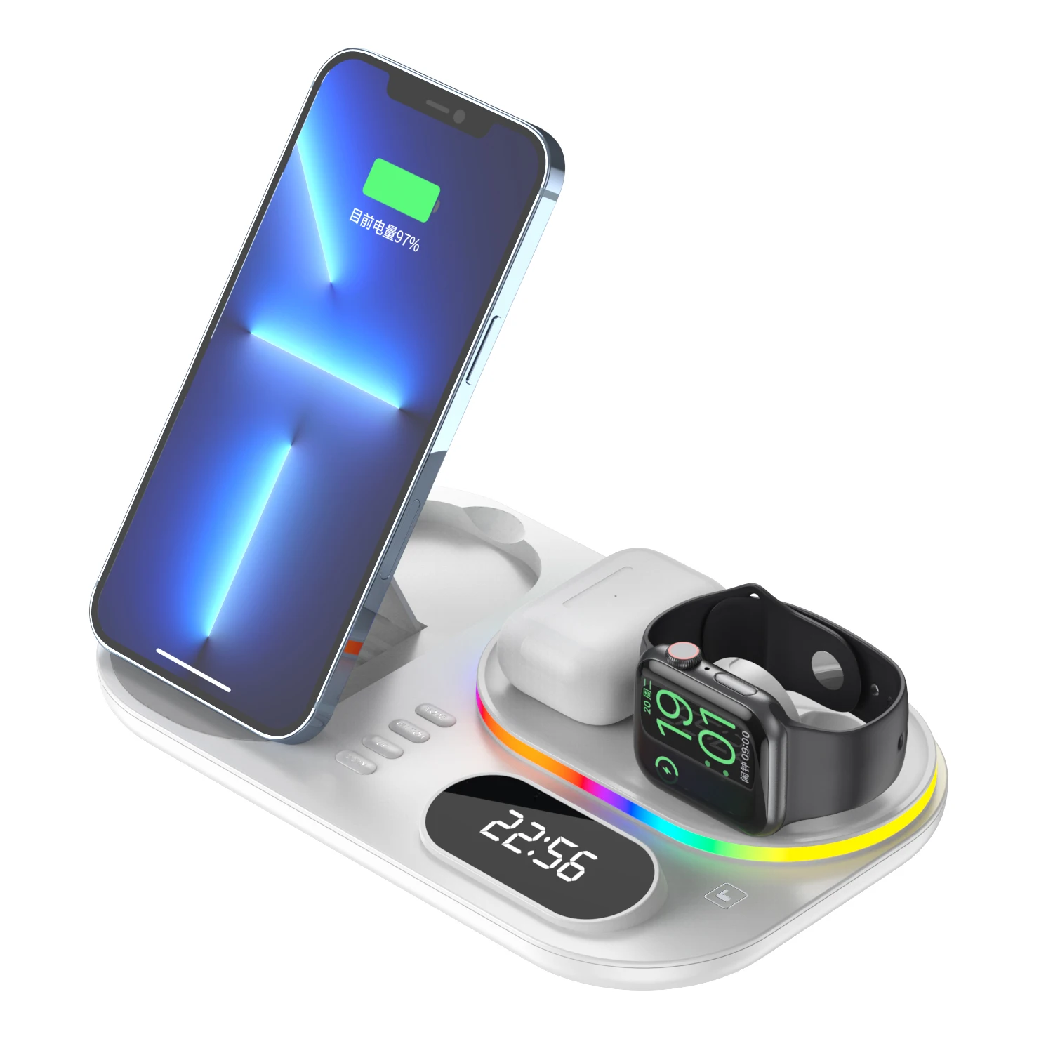 New Design 6-in-1 RGB Multi-Color Light 30W Wireless Charging Dock for Phone, Watch, Earbuds