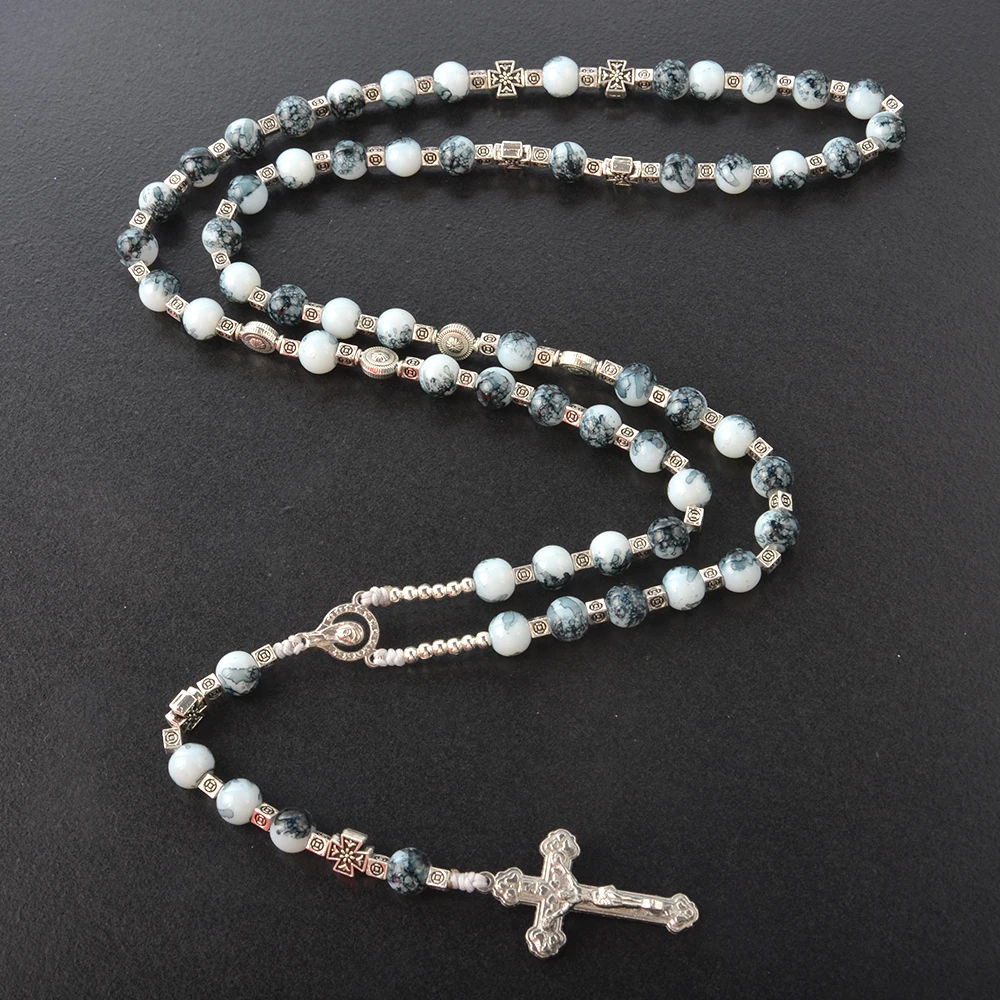 New design 6mm 8mm 10mm catholic cross prayer beads necklace imitation jade glass beads cross rosary necklace