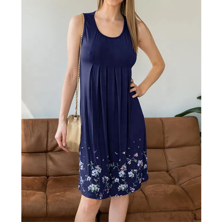Womens Summer High Waisted Dresses Floral Print Casual Soft Pleated Sleeveless Crewneck Tank Sundress Midi For Boho Beach