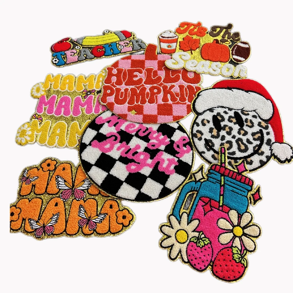 Merry Bright Large Size  Holiday Chenille Patch Iron on Game Day Chenille Letter Patch Custom Embroidery Patch