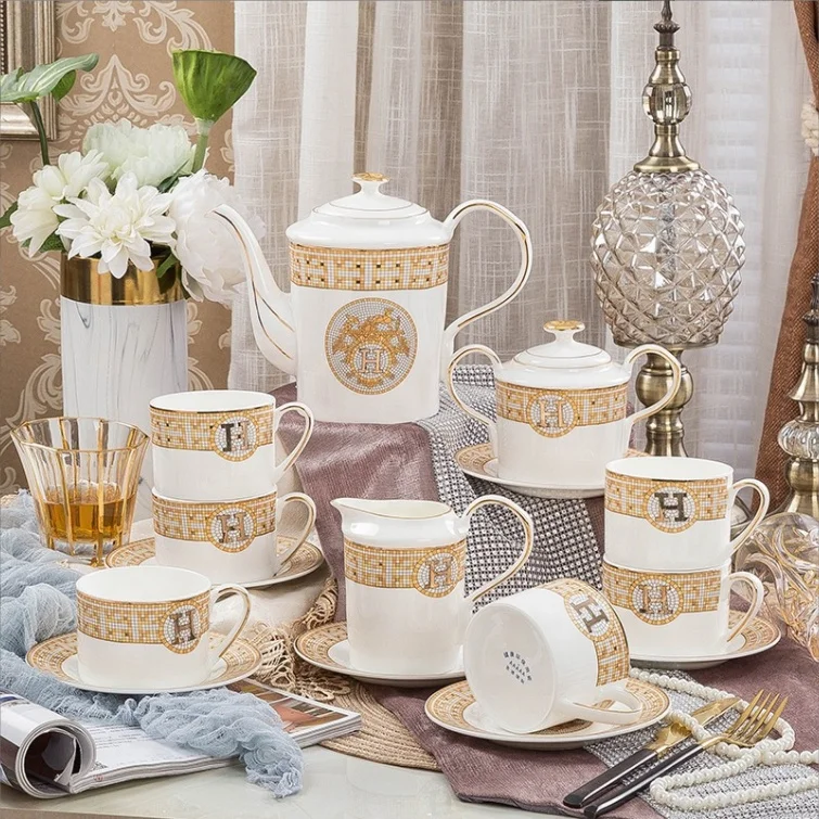 Wholesale 15pcs Bone China H Mosaic European Style Gold Edge Porcelain Tea Set Tea and Coffee Set Home Gifts Set