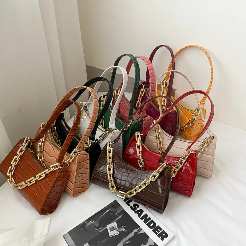 11 Colors Ladies Crocodile Pattern Zipper Handbag Shoulder Bag PU Leather Chain Handbag.
