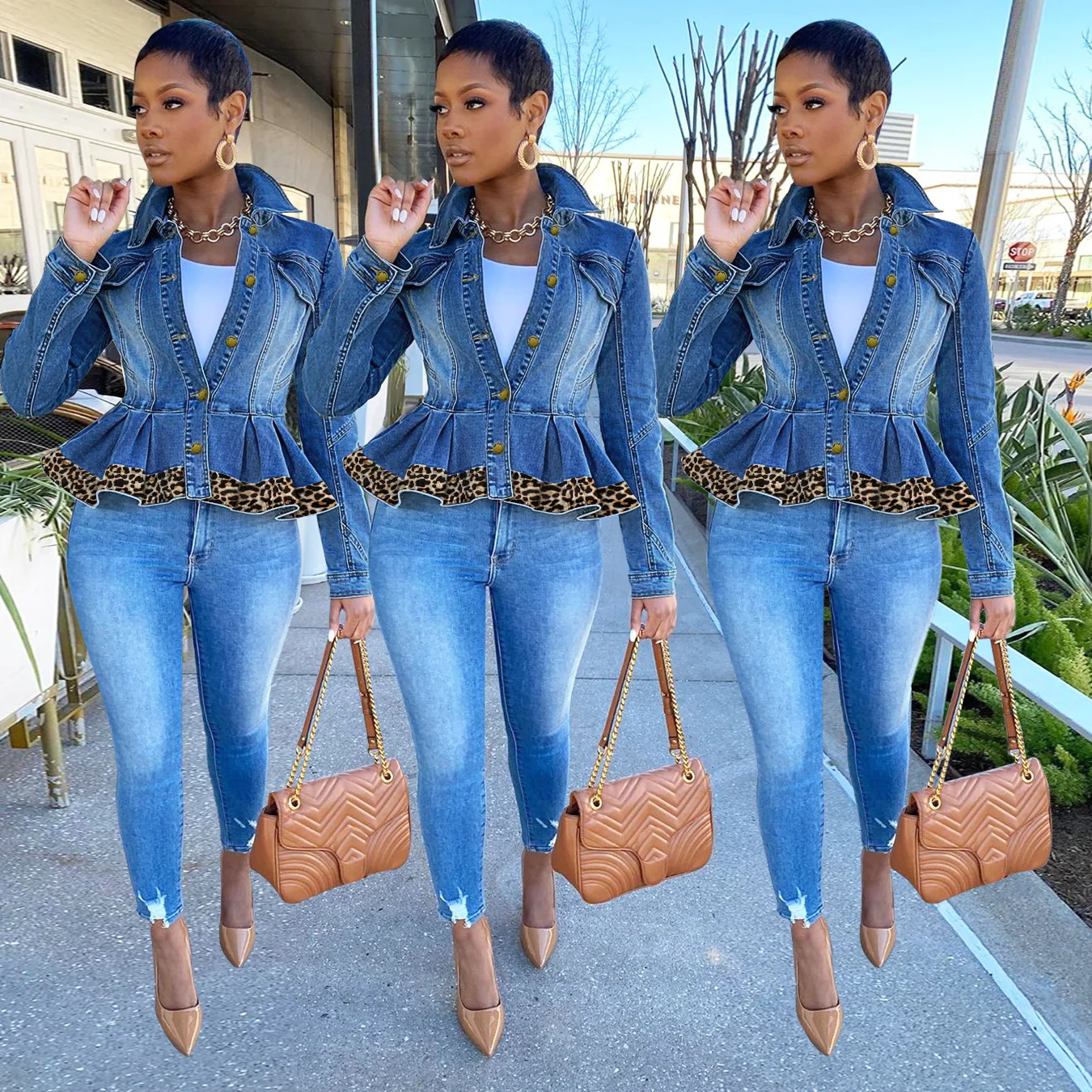 Ladies Denim Jackets Long Sleeve Short Coats Leopard Jeans Jacket Women