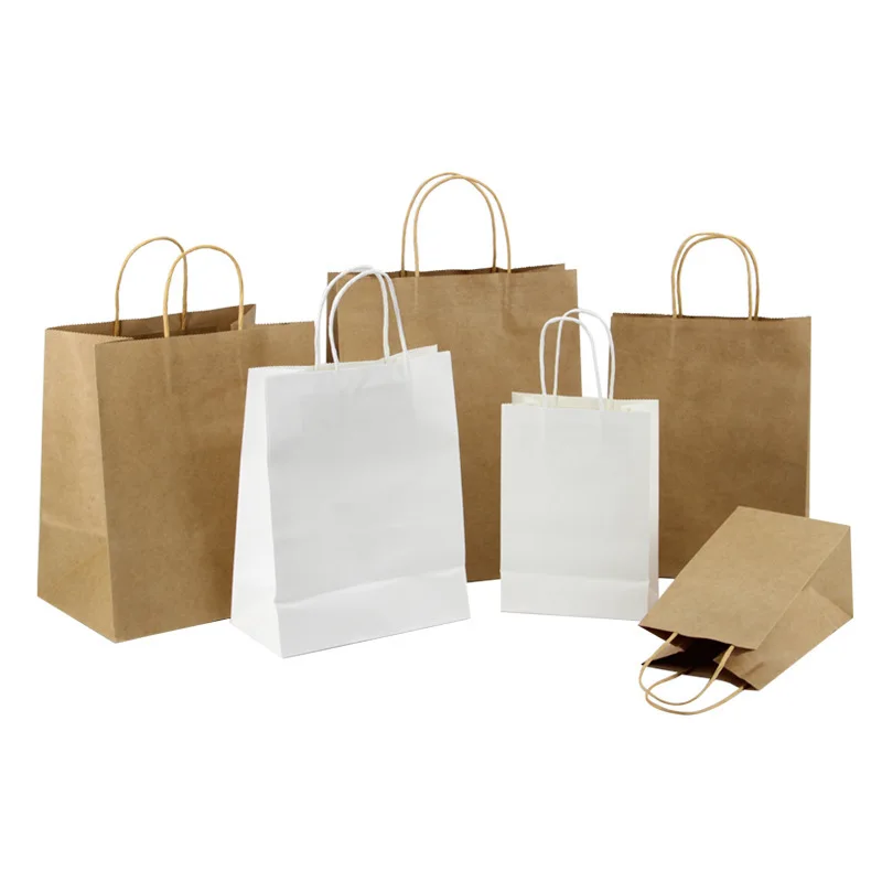 Custom logo white brown black fast food packaging gift takeaway craft shopping paper bag with handles