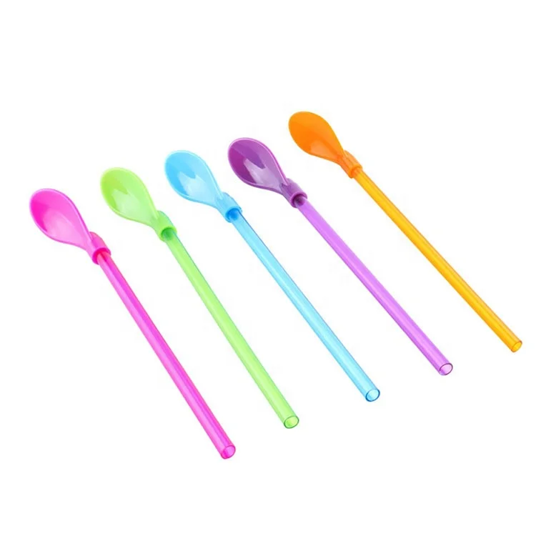 Plastic Ice Cream Straw With Spoon Reusable Plastic Juice Drinking Straw Stirring Spoon for Party