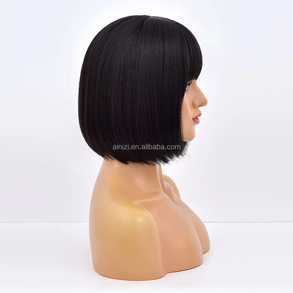 12' short bob black machine made elegant fashion synthetic hair wigs with bangs for women