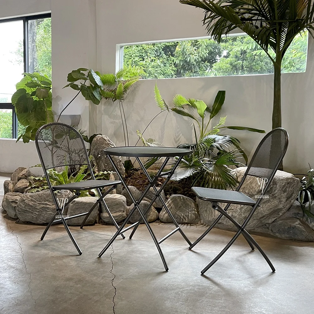 3 Piece Wholesale Modern Metal mesh Iron Folding Outdoor Chairs Table Garden Furniture Balcony Patio Bistro Set
