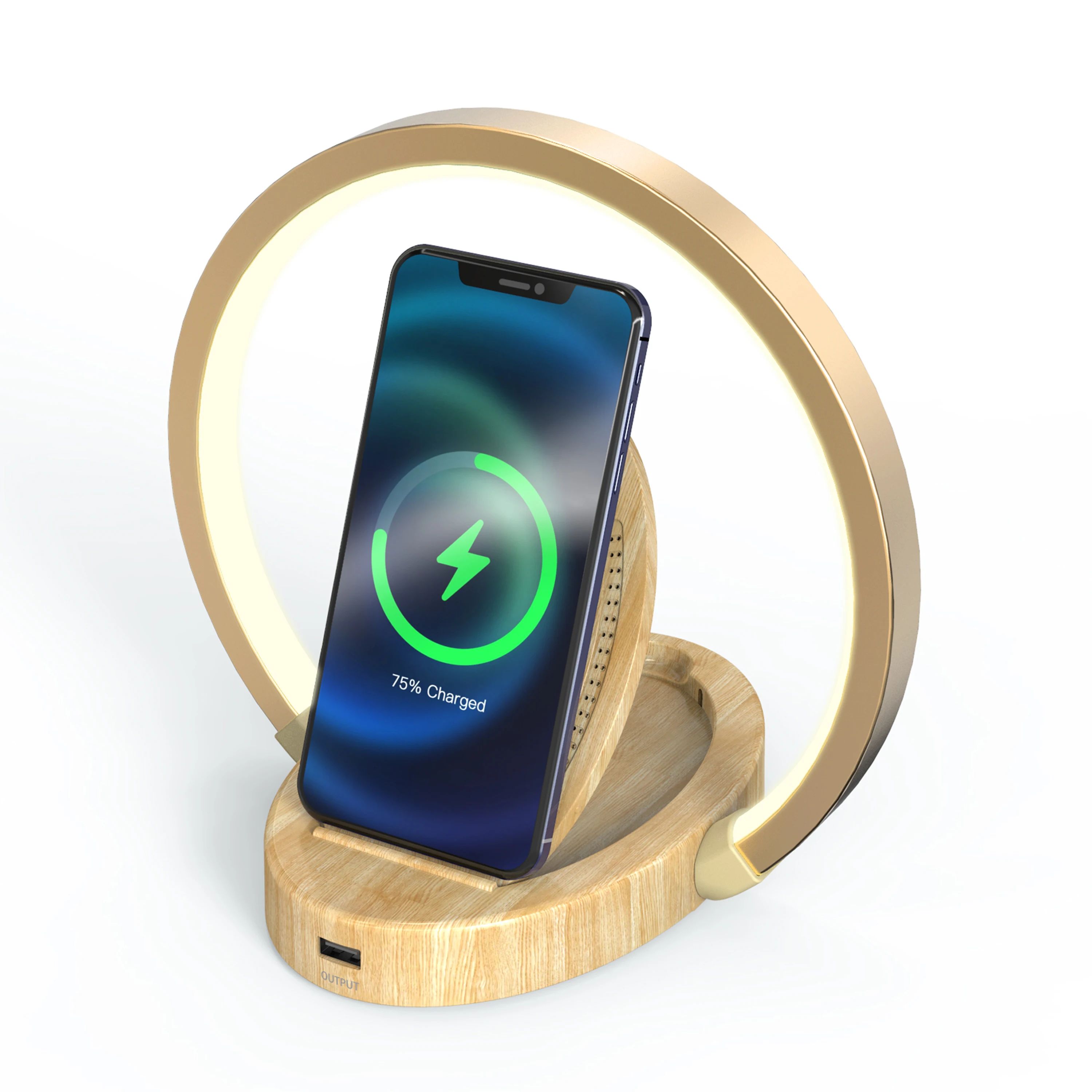 LED desk lamp with wireless charger Wireless charging lamp manufacture Wireless wood grain charging table lamp oval night light