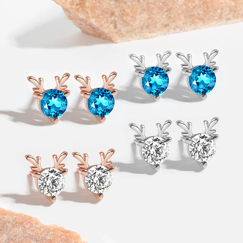 2024 Best selling brass 925silver needle rose gold/silver antler zircon simple elk earrings
