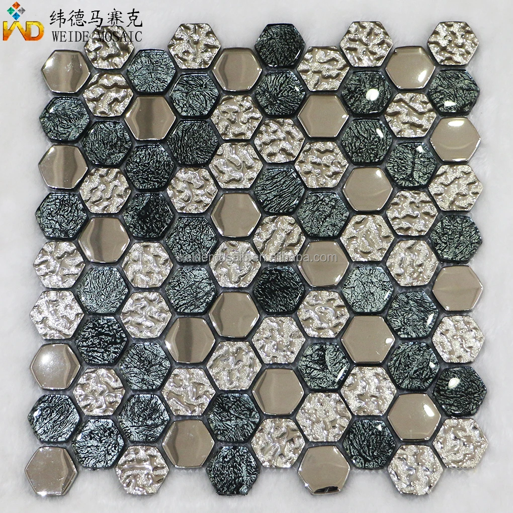 High quality 8Mm wall art decoration 3D mixed color background hexagonal pattern shape glass kitchen back panel mosaic tiles