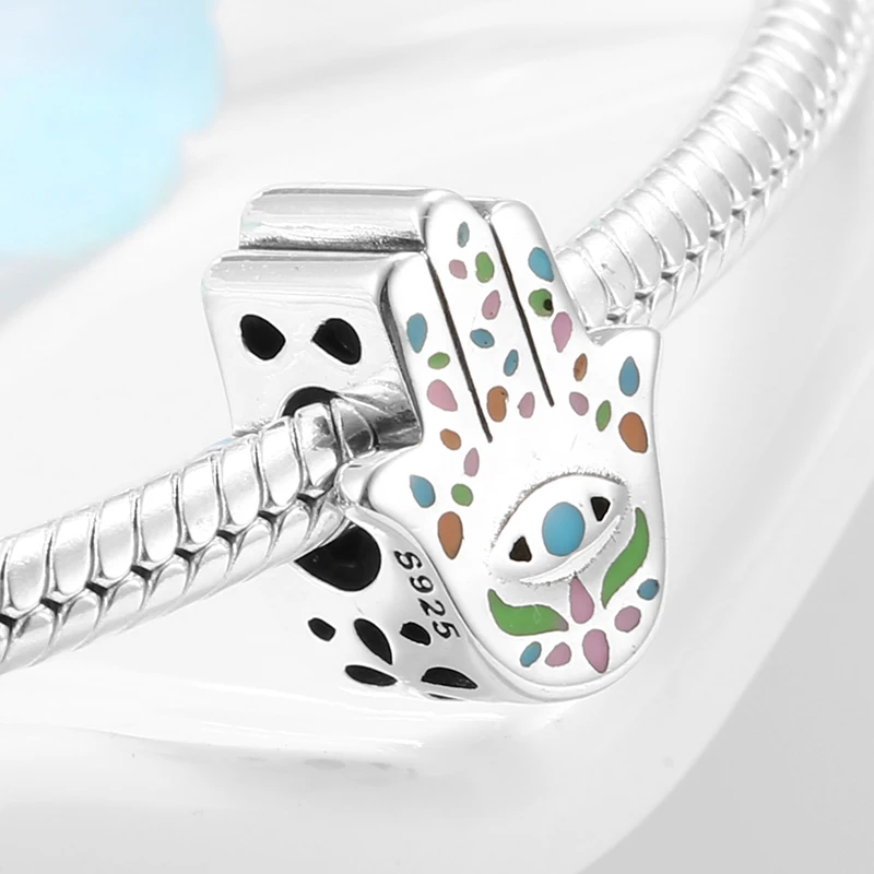 Real 925 sterling silver Blue Enamel Charm Fatima Hand Beads DIY Jewelry Fit Charm Bracelet Fashion jewelry Wholesale lots bulk
