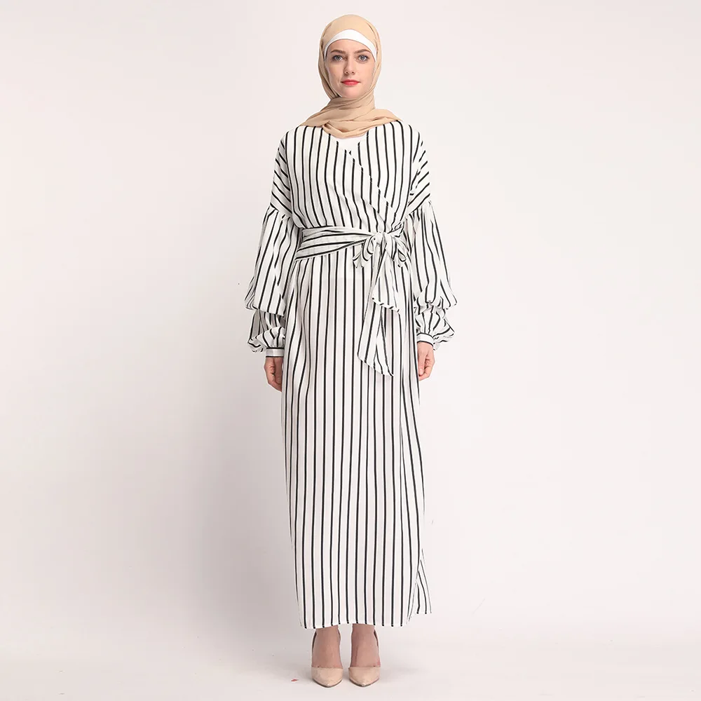 Мусульманское Полосатое платье на шнуровке с пышными рукавами, длинное платье с эластичными манжетами, Полосатое Платье на шнуровке