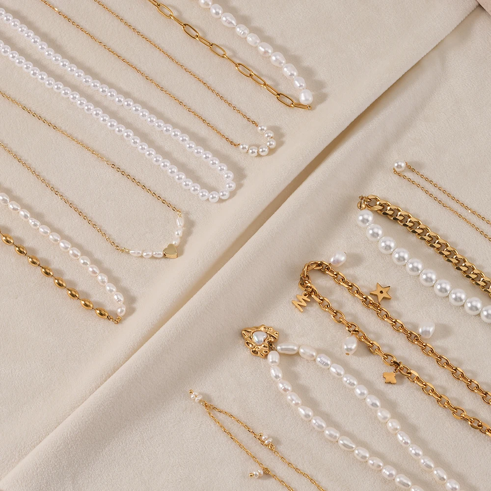 Wholesale Trendy Fashion Jewelry Pvd Gold Plated Stainless Steel Fresh Water Pearl Pendant Necklace