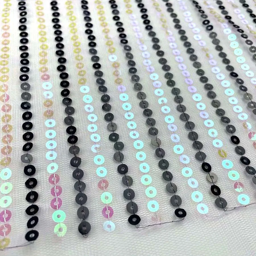 Hologram Stripe Spangle Embroidered 5mm Sequin embroidered Net Fabric 100% Nylon Mesh Ground for Party Dress